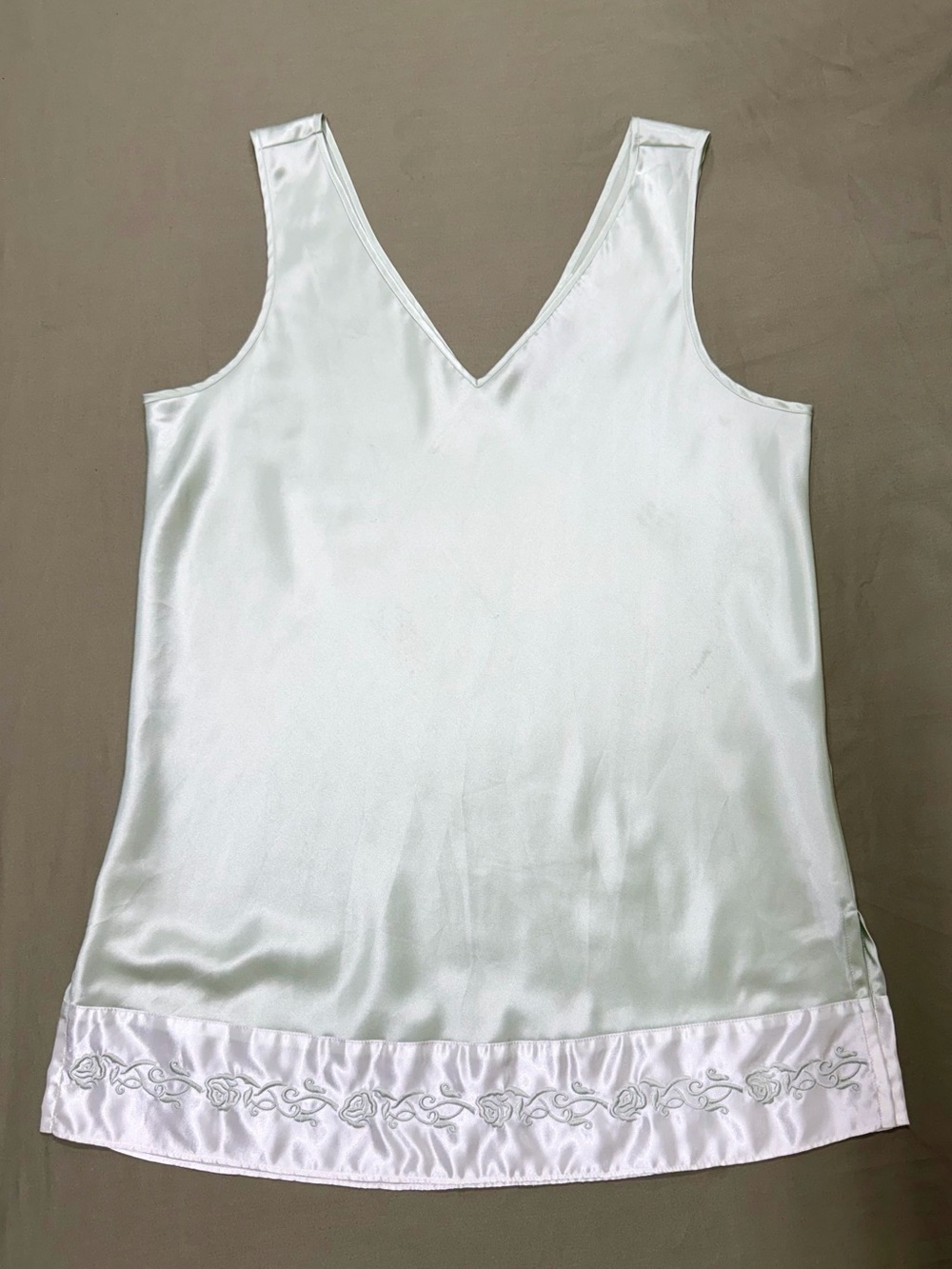Vintage White Satin Slip Dress with Embroidered Hem